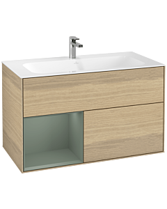 Villeroy und Boch Finion Waschtischunterschrank G030GMPC 99,6x59,1cm, Wandbeleuchtung, Regal links Olive Matt Lacquer, Oak Veneer